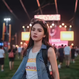a woman in a denim vest standing on a field