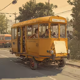 a yellow trolley car traveling down a street next to a bus,an old yellow car traveling down a street
