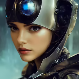 a woman in a futuristic helmet with an eye patch on her face