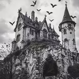 a man is watching bats fly over a building