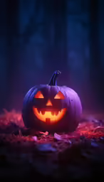 a carved pumpkin glowing in the dark