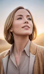 a woman with blonde hair and wearing a beige jacket