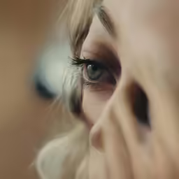 woman with long blonde hair and dark colored eye browsing