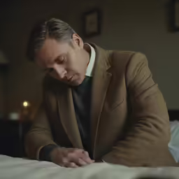 a man sitting in bed holding his hands together and looking down