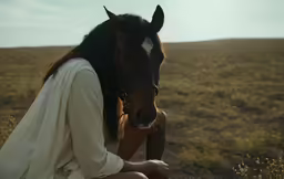 a woman petting a horse near some tall grass