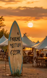 a surfboard sits on the ground at a market