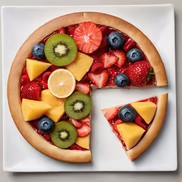 sliced fruit pizza sitting on a plate, with one slice taken out of it