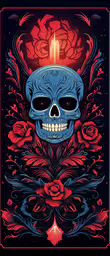 a large skull is shown on top of a dark background,a blue skull with red roses around it