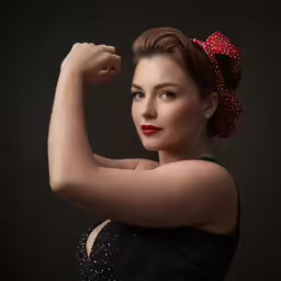 a woman wearing a black dress and red bow