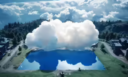 the sky has some clouds above water and houses