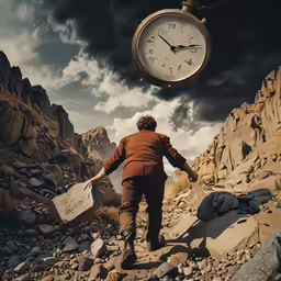 a man is walking up a hill under a large clock