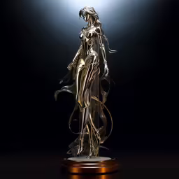 the statue is standing on the pedestal with the lights shining,the art model is displayed with a flashlight