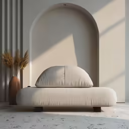 a bench in front of a large arched wall with vases