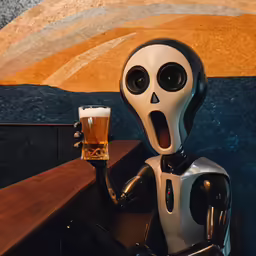 a robot is holding a beer in his hand