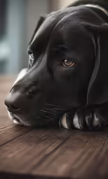 a dog lying on the floor with his face near its paws