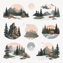 some mountain scenery with trees, a cabin, and houses