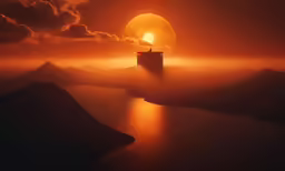 a sunset scene with the sun setting over water