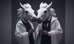 two white horse heads with black ties and black suspenders