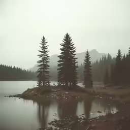 the water is very calm near many trees