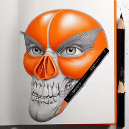 a drawing of a skull with a orange nose