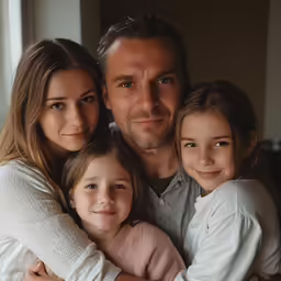 there are two young girls hugging their dad