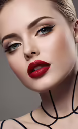 a woman in red lipstick and necklace with jewelry