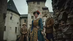 several people dressed in medieval costume standing near one another