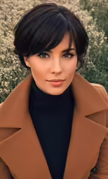 a young woman poses in a brown coat