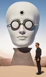 the image of man in glasses facing a giant head