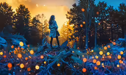 a woman standing in the middle of a field surrounded by tall trees