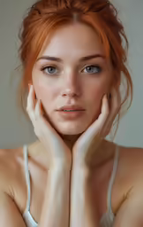 a woman that is holding her hands next to her face