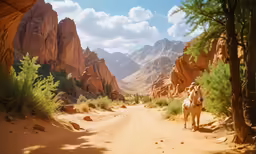 a horse standing in the desert between a mountain and road