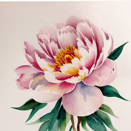 the large pink flower has leaves on it,the painting shows a large pink flower with leaves