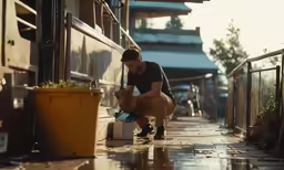 a man kneeling down and putting some stuff in a container