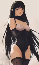 a girl with long hair and stockings wearing black lingerie