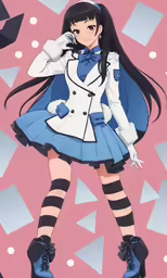 a girl with long hair in striped stockings and a coat