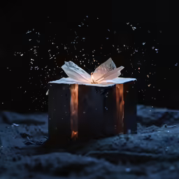 the small candle is lit inside of a gift wrapped in tissue paper