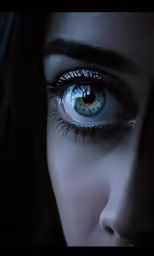 a woman with blue eyes looking at the camera