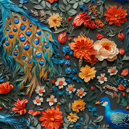 blue peacocks and orange flowers with red and white flowers