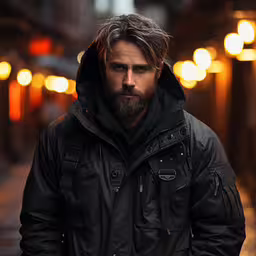a bearded man with dark hair and beard is looking at the camera,man wearing jacket walking down sidewalk in the rain