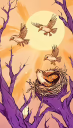 a bird flying in the sky above a nest
