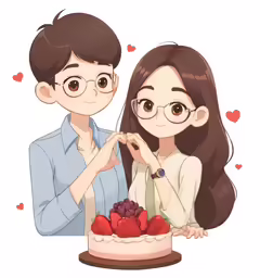 a boy and girl standing next to a cake