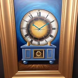 a painting depicting a blue clock with gold details,a painting of a clock with gold accents