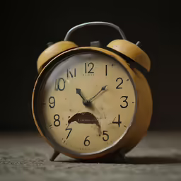 an orange clock with a face on it sitting in front of a black background