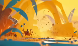 an animated picture of a spider with several bright yellow and blue swirls around him