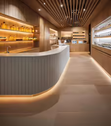 the interior of a store with lighted shelves and glass cases