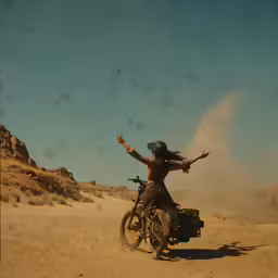a woman on a motorcycle making the most of the dust