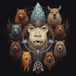 this is a picture of a man with many heads and many animals