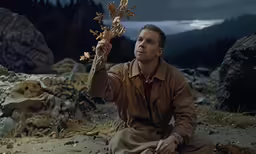 a man is sitting on the ground holding some flowers