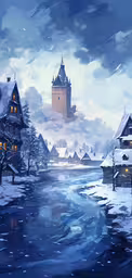 a winter scene with a river and a church,painting of a frozen canal leading into a town in winter